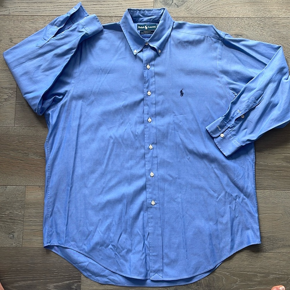 Ralph Lauren Yarmouth Solid Blue 💯Cotton Button Down Dress Shirt 16.5-32